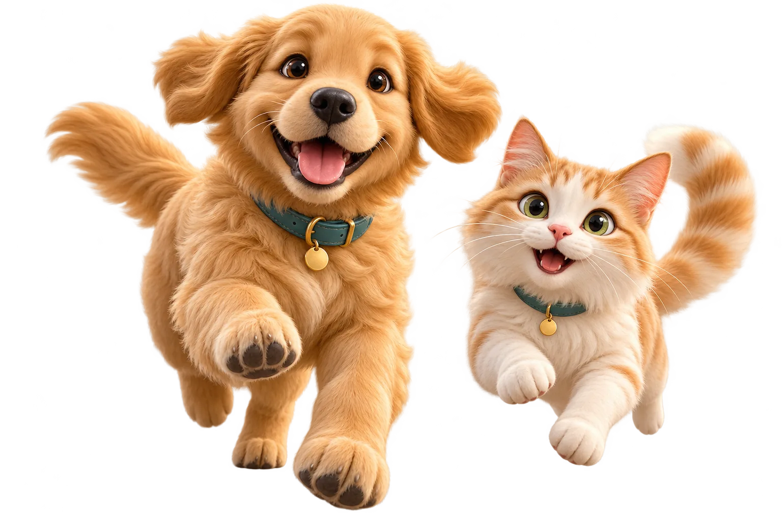 Un perro alegre corre junto a un gato que salta