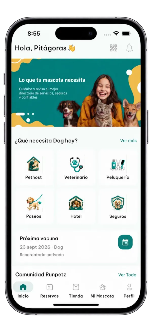 Vista de la app RunPetz con servicios, recordatorio de vacunas y comunidad